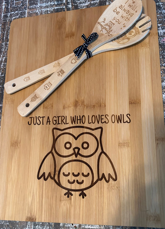 3PC Owl Set- Cutting Board w/ 2 Utensils